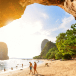 Sunset view at Radhanagar Beach, Andaman – golden sky with waves.