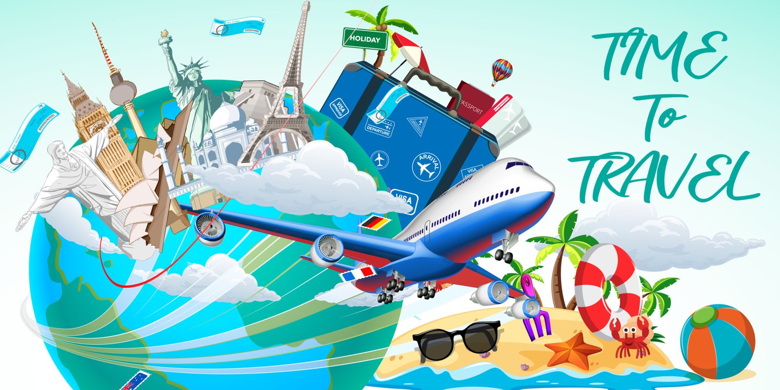 “Time to travel concept with suitcase, airplane and world map by Pack and Go Travels – Best Travel Agency in Sonipat”