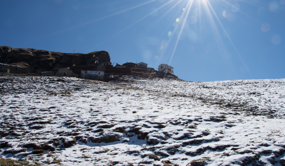 Snow-capped peaks of the Himalayan range visible from Chopta